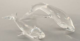 Pair of Steuben blue whales crystal sculpture of mother and calf, signed Steuben. ht. 3 3/4 in., lg. 11 in.