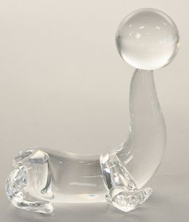Steuben sea lion with ball figural crystal sculpture, signed Steuben. ht. 7 in.