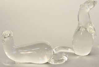 Pair of Steuben mink crystal sculptures with diamond eyes. ht. 4 in., lg. 9 in. and ht. 7 in.