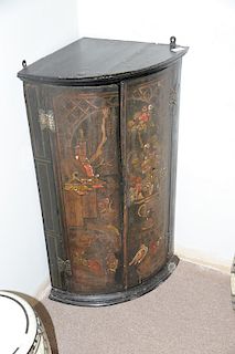Chinoiserie hanging 1/4 round cabinet, 18th-19th century. ht. 37 in., wd. 22 1/2 in., dp. 15 1/2 in.