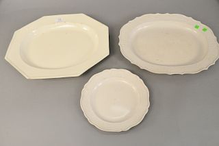 Three piece group having large salt glazed platter, salt glazed plate and a large white glazed platter.