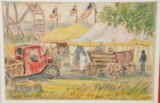 Reynolds Beal (1866-1951), crayon on paper, Circus with ferris wheel 1928, signed lower left Reynolds Beal, 6 1/4" x 9 1/4".