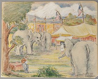 Reynolds Beal (1866-1951), crayon on paper, Sparks Bros Circus 1929, signed lower right Reynolds Beal, 8" x 10".
