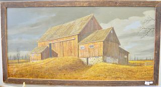 David Kenneth Merrill (b. 1935), oil on masonite, "Barn Fall landscape with Stormy Sky", signed lower right Merrill, 24" x 48".