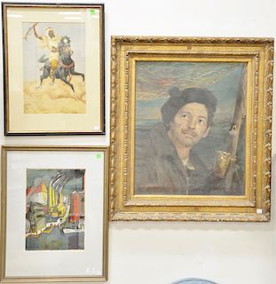 Three framed pieces to include F. Richard orientalist watercolor, middle eastern rider on horseback, Louise A Freedman lithograph, and Josef Bodia oil