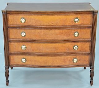 Custom mahogany Sheraton style serpentine front chest with figured maple drawers. ht. 36 in., wd. 42 in.
