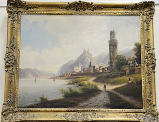 Church on Waters edge, oil on canvas, signed illegibly A. Jorst__, 23" x 29".