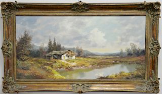 Large Belgium landscape oil on canvas, signed H. Dienst lower right, 24" x 48".