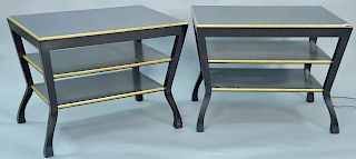 Pair of end tables, black with gold trim. ht. 25 in., top: 23" x 39".