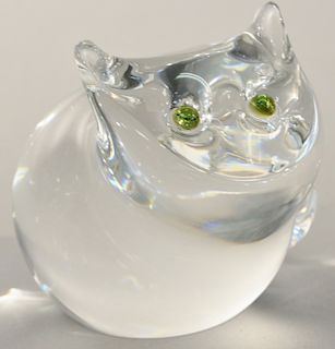 Steuben cat figural crystal sculpture with tourmaline eyes, signed Steuben. ht. 4 in.
