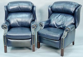 pair of Hancock & Moore leather reclining chairs, dark blue with Chippendale style legs. ht. 39 1/2 in.