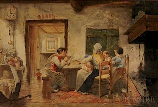 Jan Ten Kate (Dutch, 1850-1929)      Cottage Interior with a Family Gathered Around a Table.