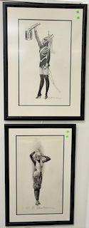 Charles Sheldon (1889-1960), charcoal on paper, set of three Fashion Illustration including a girl holding fencing sword, fixing her hair, and a woman
