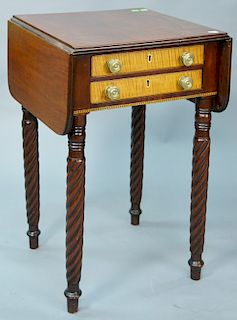 Sheraton mahogany drop leaf two drawer stand with tiger maple drawer fronts, circa 1830. ht. 28 in.