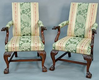 Pair of Baker Chippendale style mahogany armchairs with eagle head hand rests.