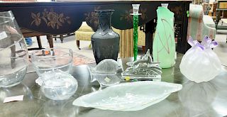 Group of eleven art glass pieces to include two Baccarat pieces, crystal fish and a leaping stag, Mary Argus bud vase, Jean Doubly pitcher, frosted gl