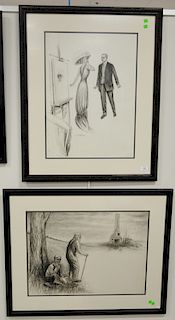 Charles Sheldon (1889-1960), set of three Fashion charcoal and pencil on paper to include painting on easel with two figures, an accident having horse