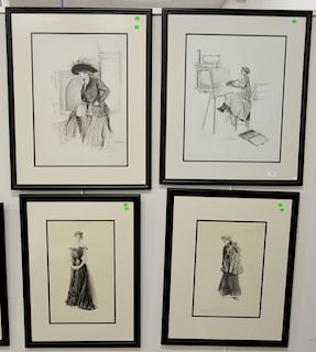 Charles Sheldon (1889-1960), group of four Fashion Illustration charcoal and pencil on paper, two having a woman dressed in Victorian clothing, one of