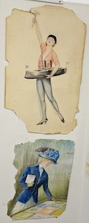 Charles Sheldon (1889-1960), two Illustration FAshion paintings including colored pencil drawing of a woman holding a ship model and hammer and a past