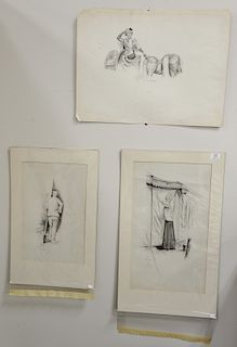 Charles Sheldon (1889-1960), group of three Illustration pencil and charcoal drawings including lady in horse drawn carriage, peaking through tent, an