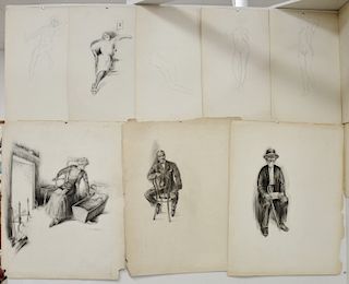 Charles Sheldon (1889-1960) group of fourteen pencil and charcoal Illustration Sketches and drawings, unframed, three signed, and four nude sketches. 