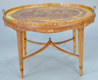 Mahogany tray top inlaid oval coffee table. ht. 20 1/2 in., top: 23" x 31"