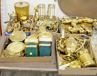 Four tray lots of brass to include ice buckets, trays, figures, book ends, etc.