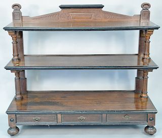 Victorian oak etagere with three drawer base. ht. 51 in., wd. 60 in.