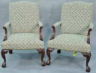 Pair of Henredan Chippendale style mahogany upholstered armchairs. ht. 40 in.
