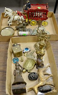 Elephant head string holder, iron double horse and circus wagon, brass turtle, brass dice, bronze oriental figure, archaic bust, etc.