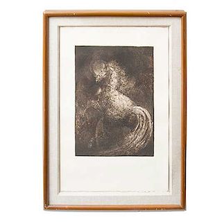 José Lazcarro. "Caballo Cósmico". Grabado 147/150. Enmarcado en madera tallada. 40 x 27 cm.