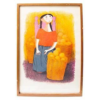 Trinidad Osorio. Vendedora de naranjas. Serigrafía 40/100. Firmada a lápiz. Enmarcada en madera tallada. 77 x 55 cm.