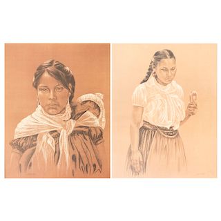 Lote de 2 litografías. Michaela Treitz. Retratos de mujeres indígenas. Firmadas. Sin enmarcar. 59 x 46 cm.