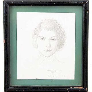 Ignacio Rosas. Retrato de mujer. Firmado a lápiz y fechado Agosto 7, 1934. Lápiz sobre papel. Enmarcado. 15 x 13 cm.