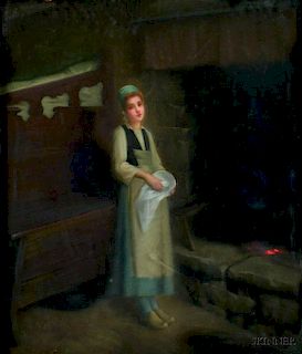 Gabriel de Cool (French, 1854-1908)    Young Maid Before a Stone Hearth