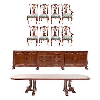Comedor. Siglo XX. En talla de madera. Consta de: Mesa, 6 sillas, 2 sillones y trinchador. 76 x 331 x 124 cm. (mayor)