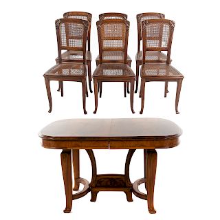 Louis Majorelle Style Walnut Dining Table & Chairs