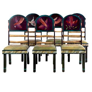 Set of Six Sticks Folk Art Painted Dining Chairs