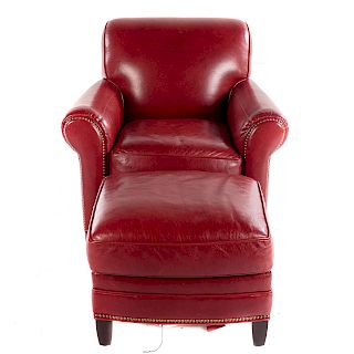 Contemporary Red Leather Armchair & Ottoman