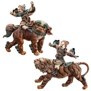 Pair Chinese Glazed Terracotta Figural Roof Tiles