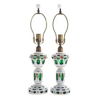 Pair Bohemian Calcite Cut To Emerald Glass Lamps
