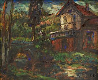 Albert Vagh (French, b. 1931)      Landscape with Bridge and House.