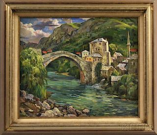 George Cherepov (American, 1909-1987)      Mountain Village Nestled Beside an Arched Stone Bridge.