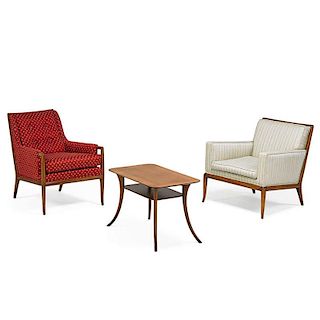 GIBBINGS; WIDDICOMB Side table, two lounge chairs