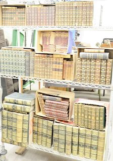 Large lot of mostly leather bound books to include works by Hawthorne, C + M Lamb, etc. 