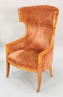Fruitwood barrel back upholstered chair.