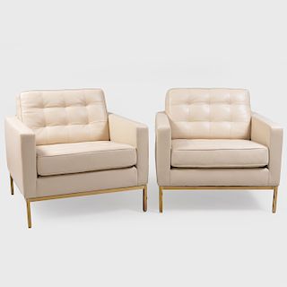 Pair of Florence Knoll Square Leather Club Chairs on Brass Legs