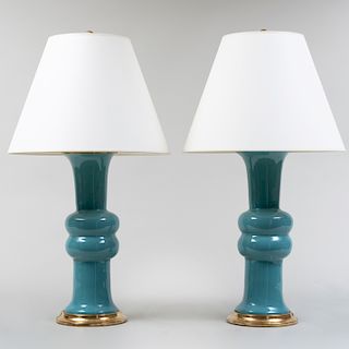 Pair of Turquoise Porcelain Lamps, Designed by Christopher Spitz-Miller