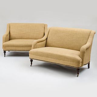 Pair of Mitchell Gold and Bob Williams Victorian Style Brass-Studded, Straw-Colored, Woven Upholstered Love Seats
