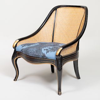 Ebonized and Parcel-Gilt Spoon Back Caned Side Chair, of Recent Manufacture